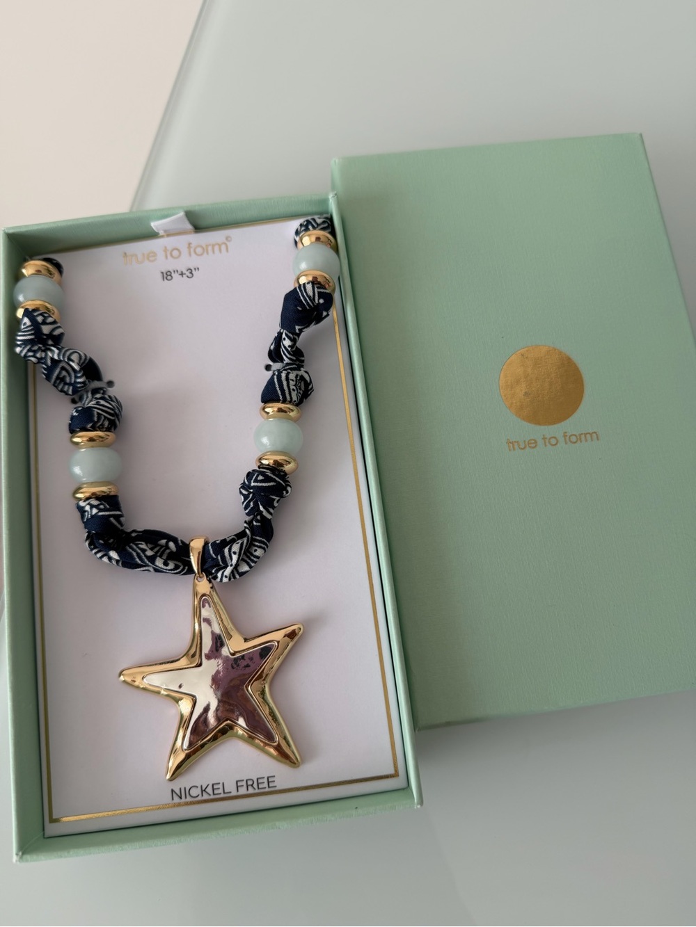 True to Form Gold silver Star Pendant blue scarf Necklace